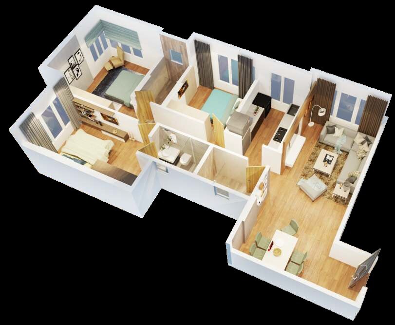 Floor plan of 3 BHK 873 Sq. Ft. Apartment in Aakruti Shiv Samarth, Mumbai