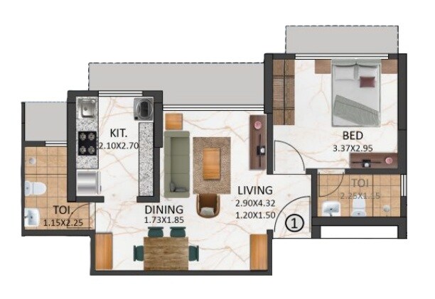 Floor plan of 1 BHK 440 Sq. Ft. Apartment in Aarsh Parshva Avenue, Mumbai