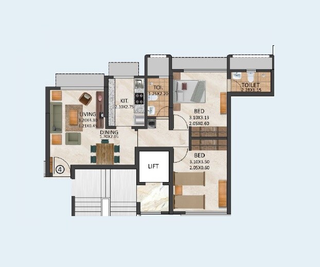 Floor plan of 2 BHK 633 Sq. Ft. Apartment in Aarsh Parshva Avenue, Mumbai