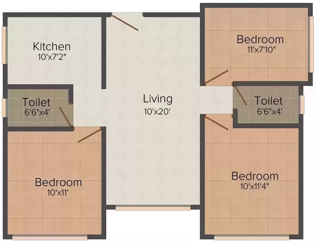 Floor plan of 3 BHK 670 Sq. Ft. Apartment in Aayush Aastha, Mumbai
