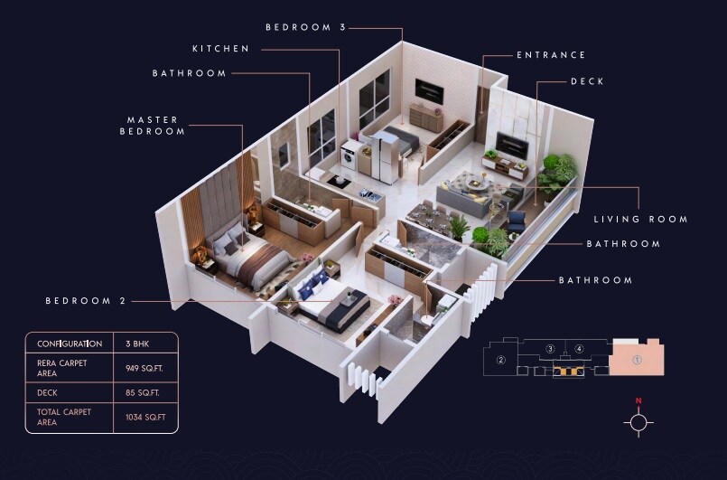 Floor plan of 3 BHK 1034 Sq. Ft. Apartment in Aayush Ayaansh, Mumbai