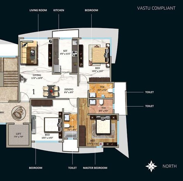 Floor plan of 3 BHK 1001 Sq. Ft. Apartment in Aayush Poornima, Mumbai