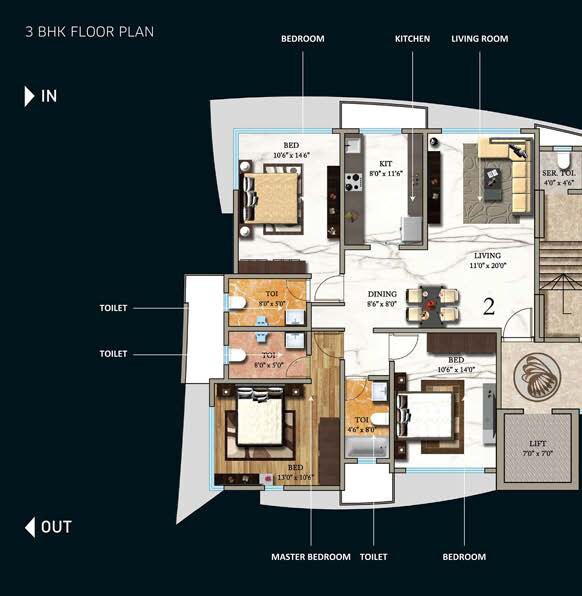 Floor plan of 3 BHK 1053 Sq. Ft. Apartment in Aayush Poornima, Mumbai