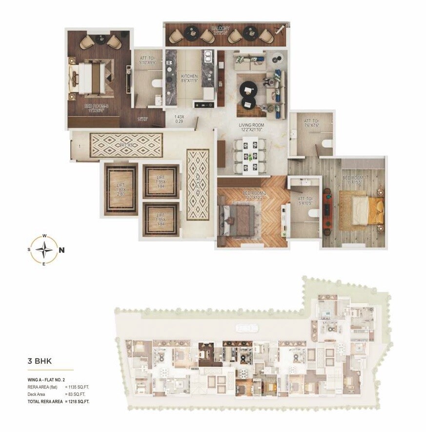 Floor plan of 3 BHK 1218 Sq. Ft. Apartment in Abhar Vrundavan, Mumbai
