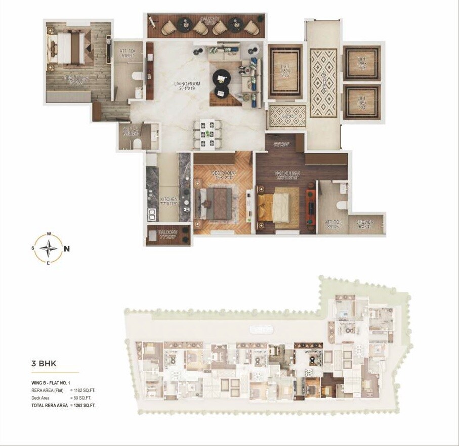 Floor plan of 3 BHK 1262 Sq. Ft. Apartment in Abhar Vrundavan, Mumbai