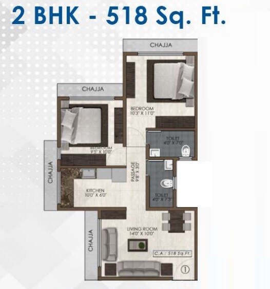 Floor plan of 2 BHK 518 Sq. Ft. Apartment in Abhiram CHS, Mumbai