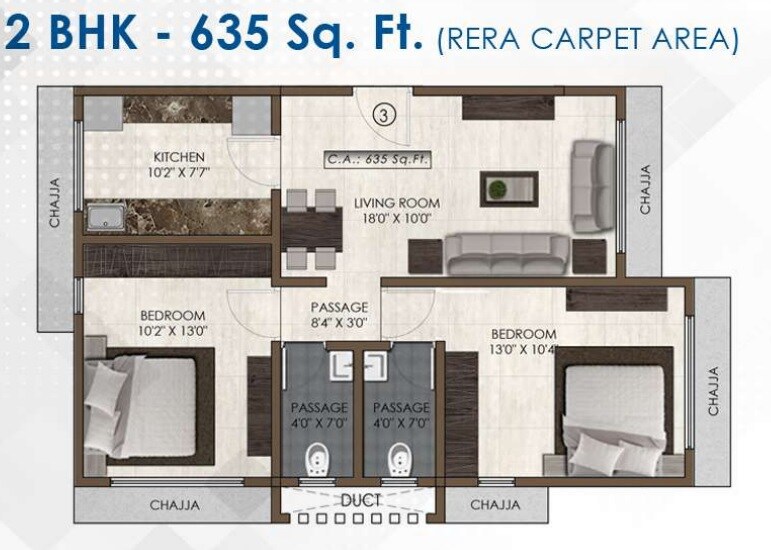 2 BHK 635 Sq. Ft. Apartment