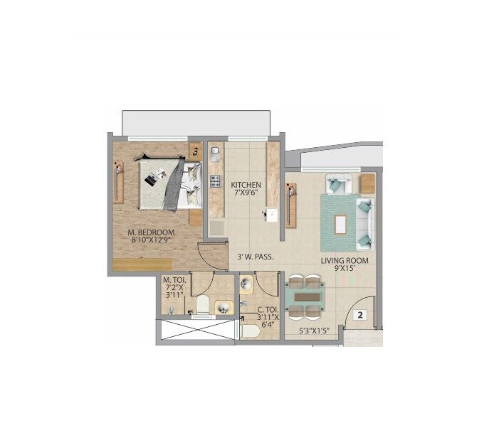 Floor plan of 1 BHK 300 Sq. Ft. Apartment in Accord Bindra One, Mumbai
