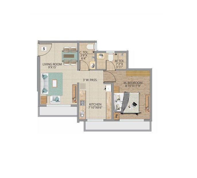 Floor plan of 1 BHK 406 Sq. Ft. Apartment in Accord Bindra One, Mumbai