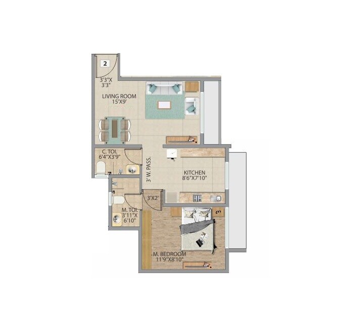 Floor plan of 1 BHK 422 Sq. Ft. Apartment in Accord Bindra One, Mumbai