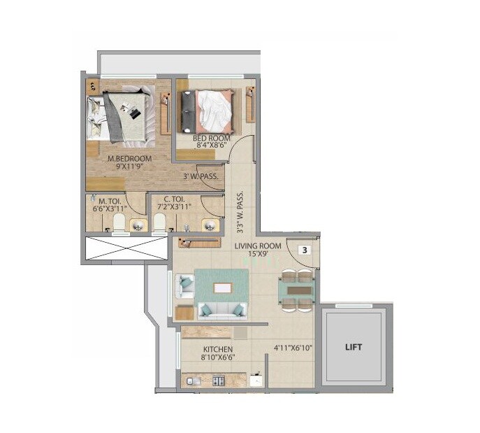 Floor plan of 2 BHK 592 Sq. Ft. Apartment in Accord Bindra One, Mumbai