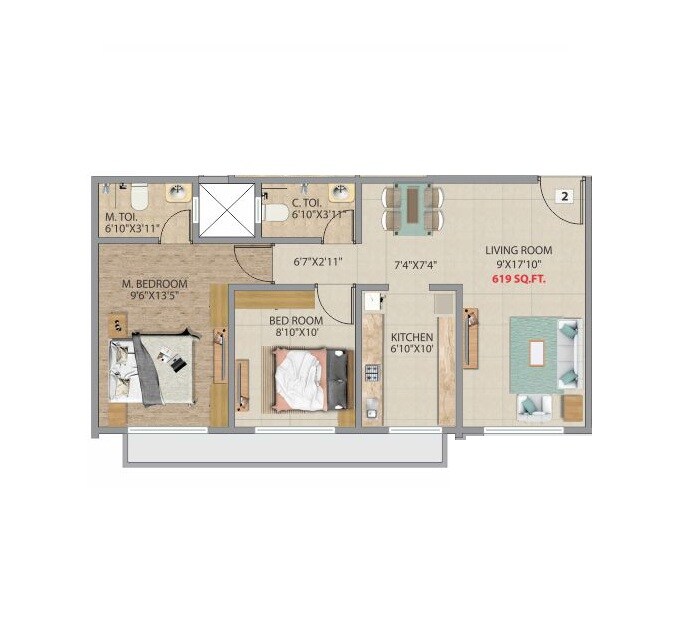Floor plan of 2 BHK 622 Sq. Ft. Apartment in Accord Bindra One, Mumbai