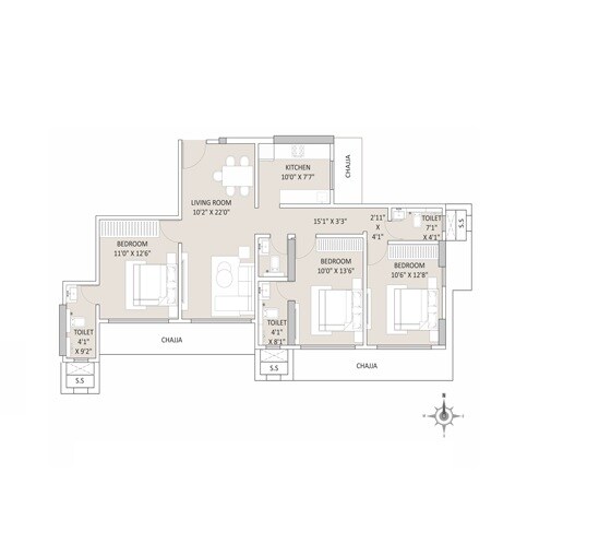 Floor plan of 3 BHK 938 Sq. Ft. Apartment in Ace Ambience, Mumbai