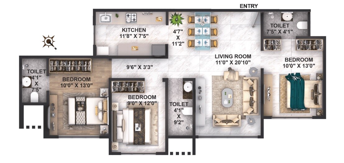 3 BHK 900 Sq. Ft. Apartment