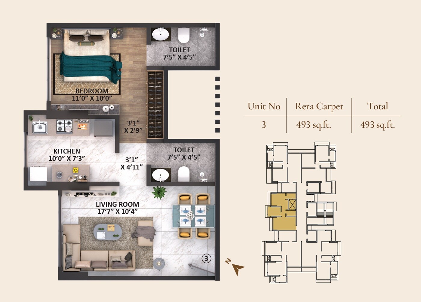 Floor plan of 1 BHK 493 Sq. Ft. Apartment in Ace Marvel, Mumbai