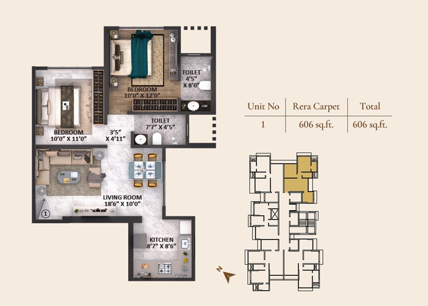 Floor plan of 2 BHK 606 Sq. Ft. Apartment in Ace Marvel, Mumbai