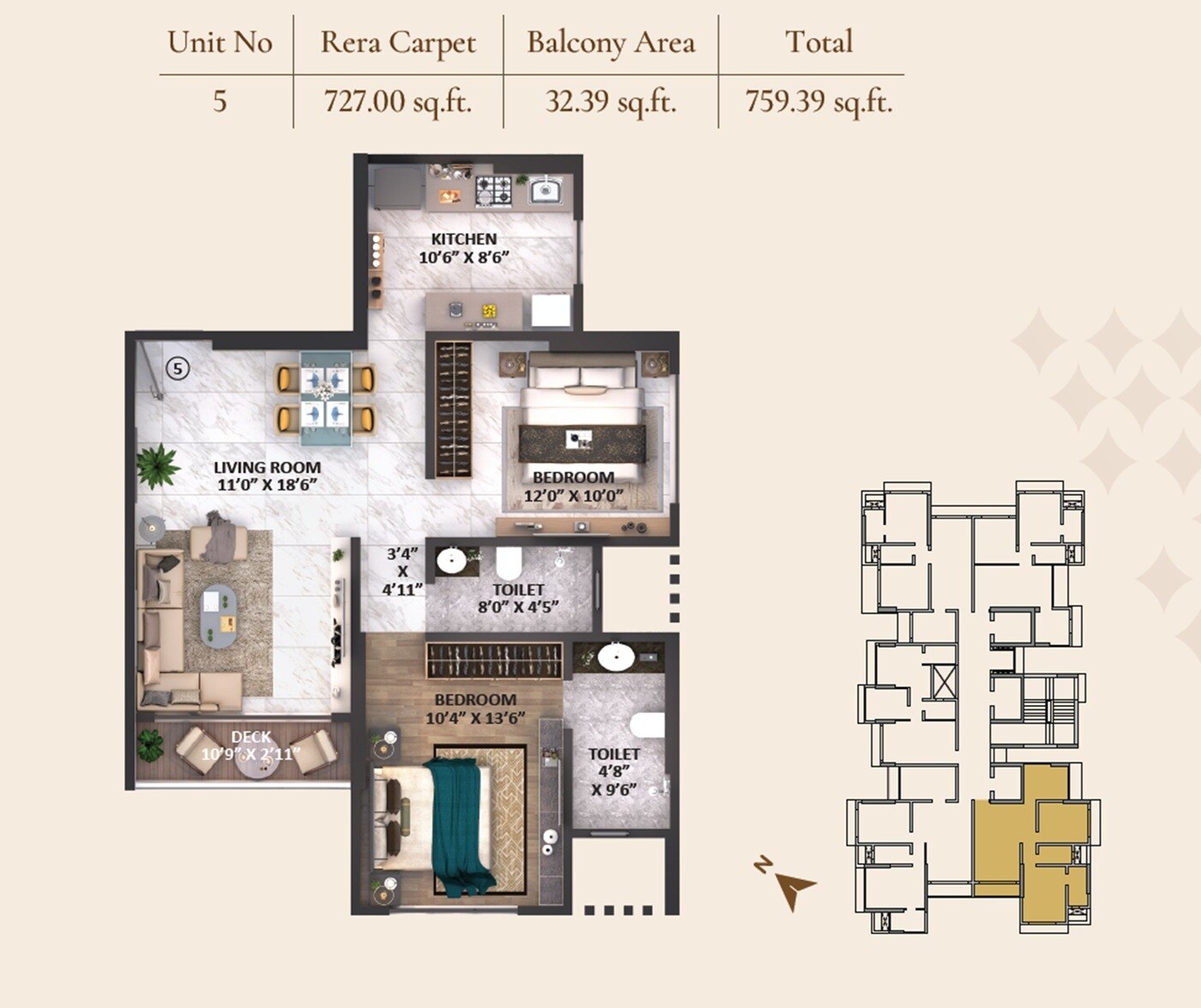 Floor plan of 2 BHK 759 Sq. Ft. Apartment in Ace Marvel, Mumbai