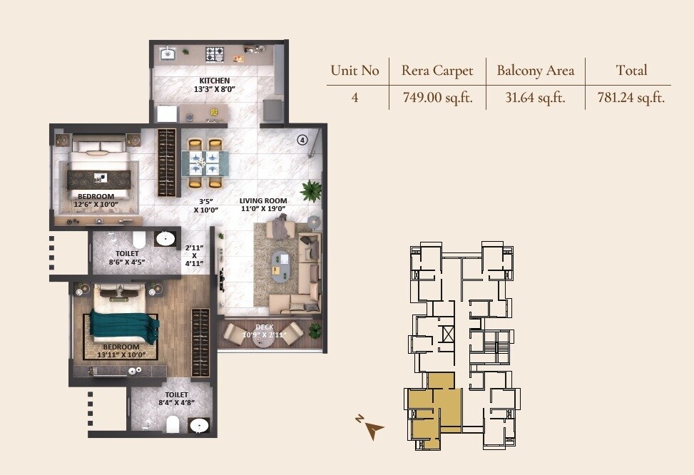 Floor plan of 2 BHK 781 Sq. Ft. Apartment in Ace Marvel, Mumbai