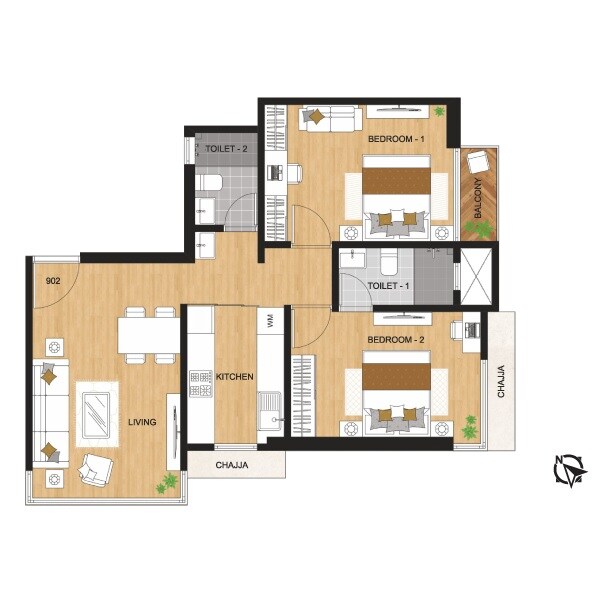 Floor plan of 2 BHK 628 Sq. Ft. Apartment in Ace Sparkle, Mumbai