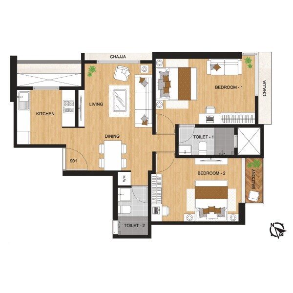 Floor plan of 2 BHK 664 Sq. Ft. Apartment in Ace Sparkle, Mumbai
