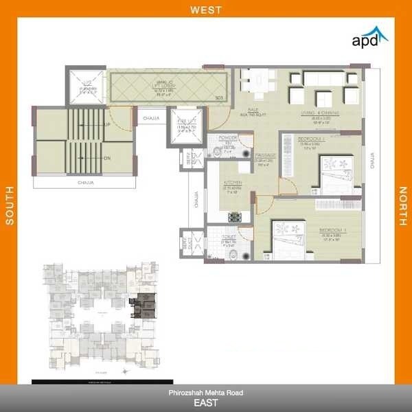Floor plan of 2 BHK 768 Sq. Ft. Apartment in Acharat Baug, Mumbai