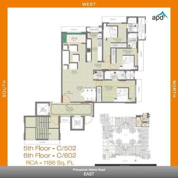 Floor plan of 3 BHK 1186 Sq. Ft. Apartment in Acharat Baug, Mumbai