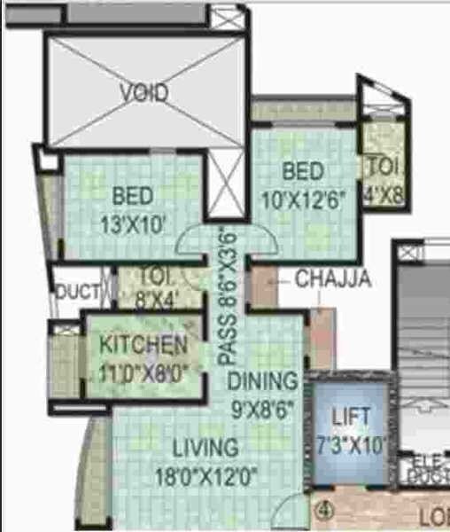 Floor plan of 2 BHK 1107 Sq. Ft. Apartment in Acme Amartaru VII, Mumbai