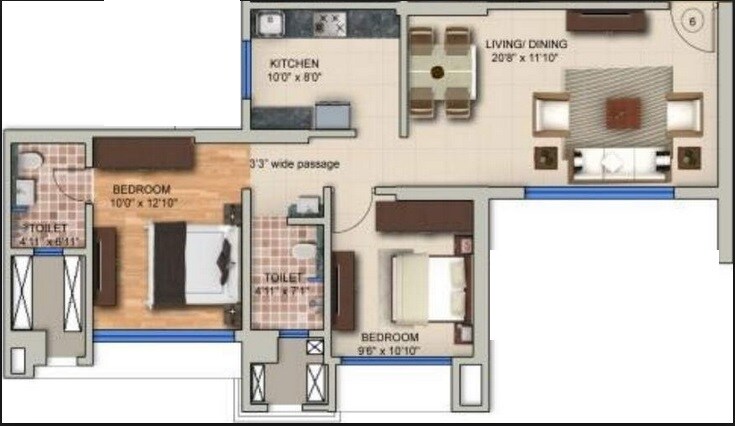 Floor plan of 2 BHK 518 Sq. Ft. Apartment in Acme Avenue, Mumbai
