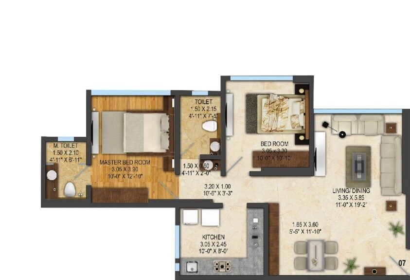 Floor plan of 2 BHK 743 Sq. Ft. Apartment in Acme Avenue, Mumbai