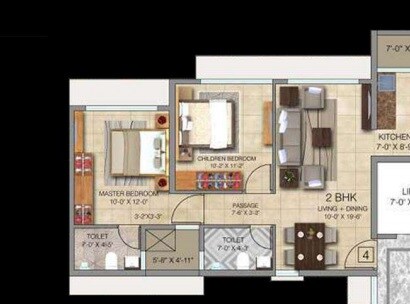 Floor plan of 2 BHK 665 Sq. Ft. Apartment in Paradigm Ananda Residency, Mumbai