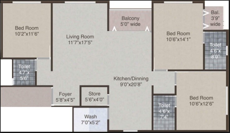 Floor plan of 3 BHK 1056 Sq. Ft. Apartment in Acme Avenue, Mumbai
