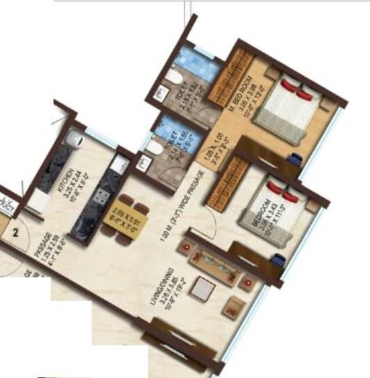 Floor plan of 2 BHK 731 Sq. Ft. Apartment in Acme Boulevard, Mumbai