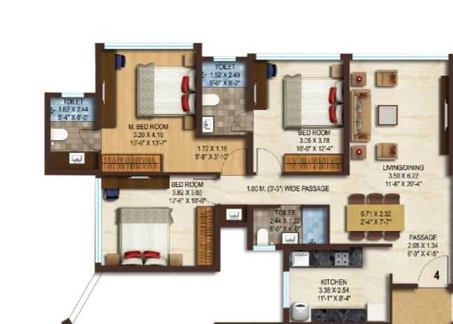 Floor plan of 3 BHK 1003 Sq. Ft. Apartment in Acme Boulevard, Mumbai