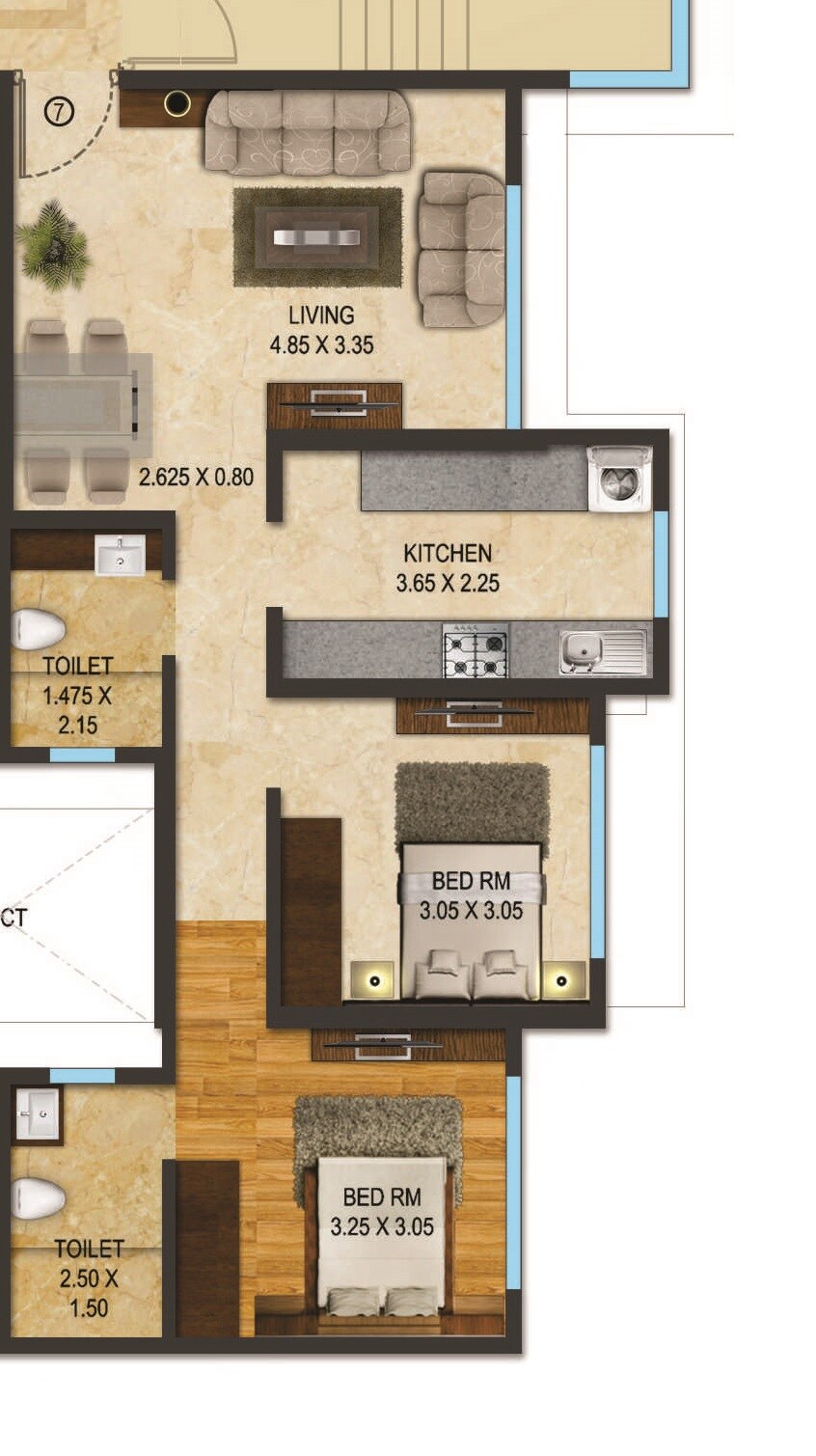 Floor plan of 2 BHK 669 Sq. Ft. Apartment in Acme Hills, Mumbai