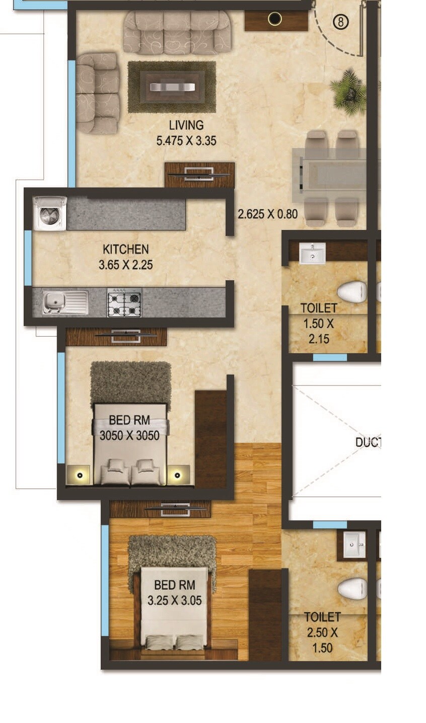 Floor plan of 2 BHK 671 Sq. Ft. Apartment in Acme Hills, Mumbai
