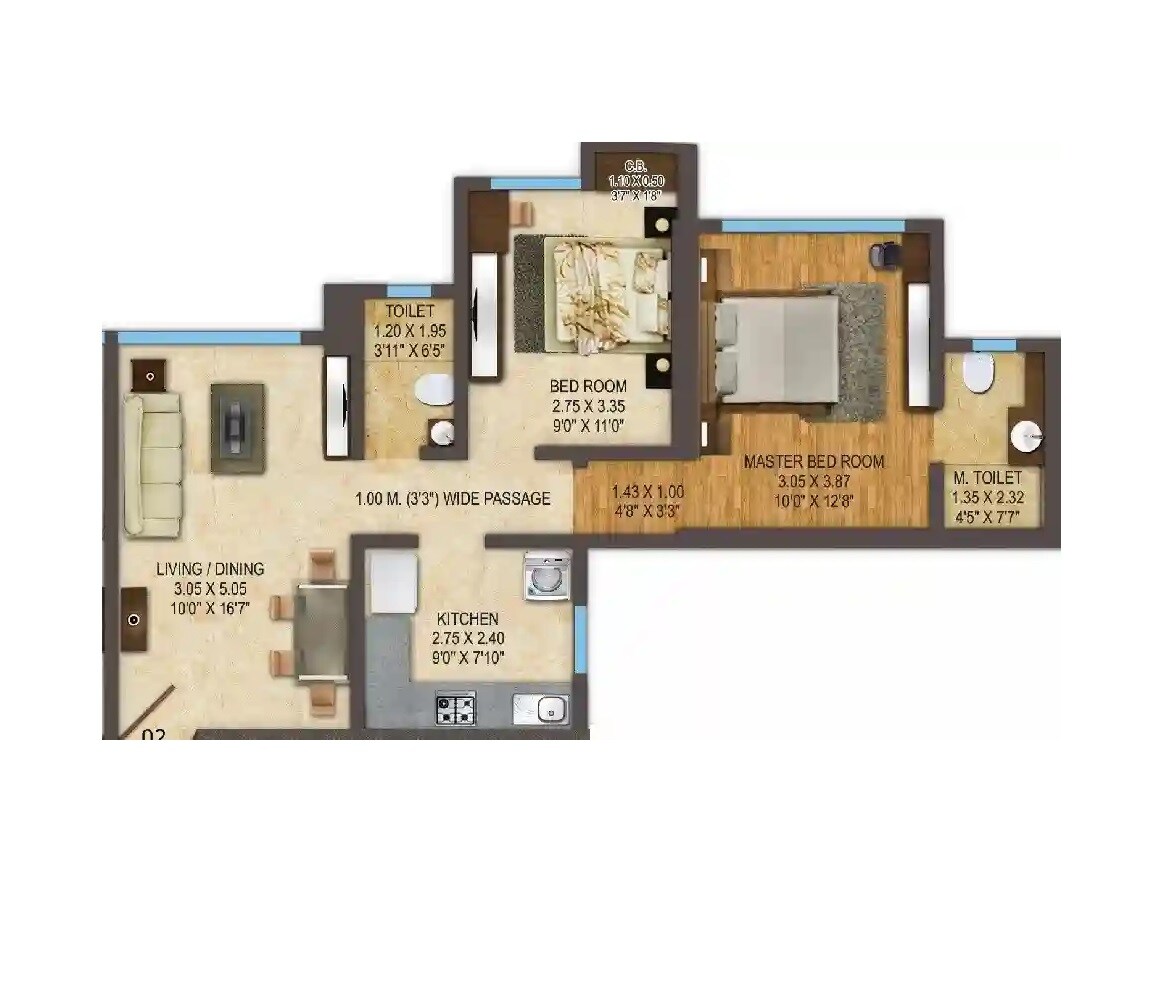 Floor plan of 2 BHK 614 Sq. Ft. Apartment in Acme Oasis, Mumbai