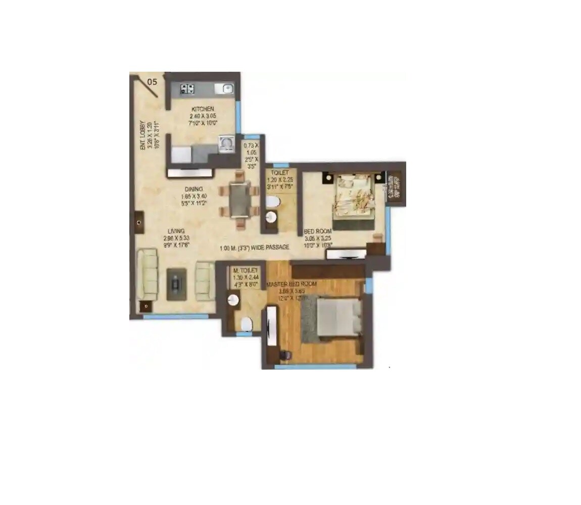 Floor plan of 2 BHK 742 Sq. Ft. Apartment in Acme Oasis, Mumbai