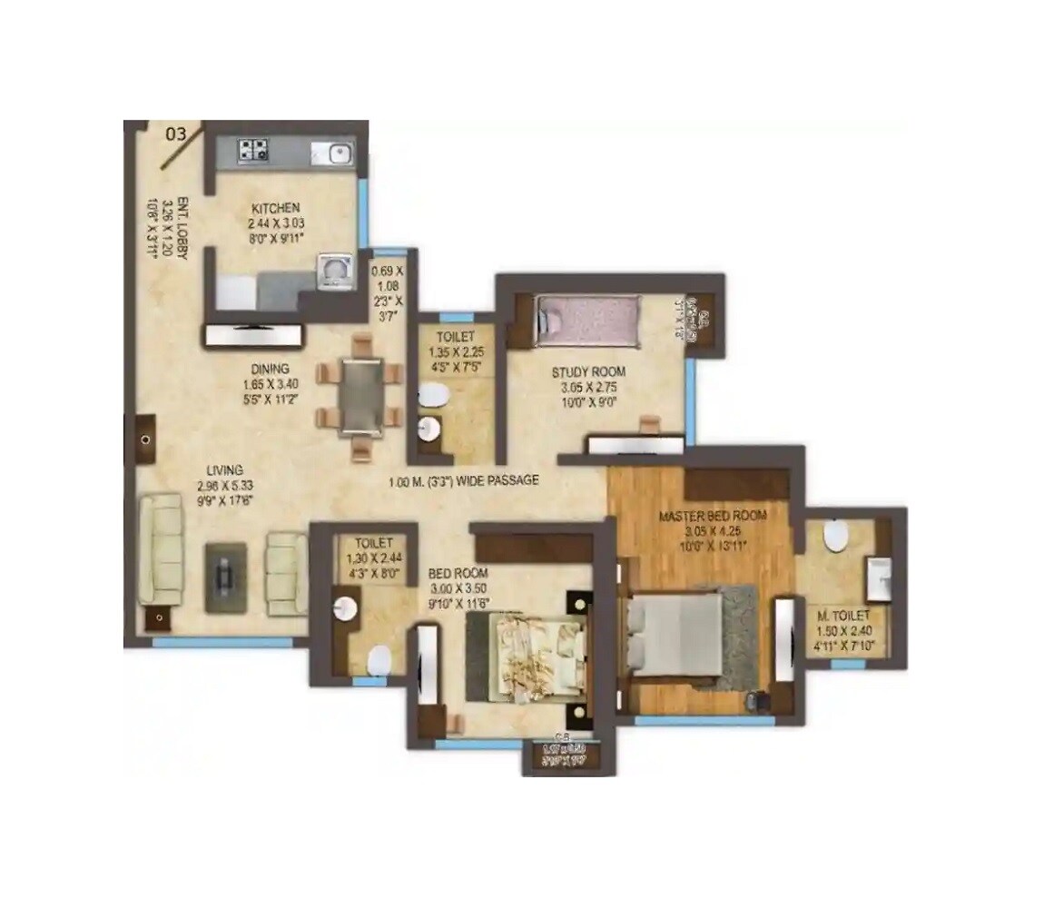 Floor plan of 3 BHK 920 Sq. Ft. Apartment in Acme Oasis, Mumbai