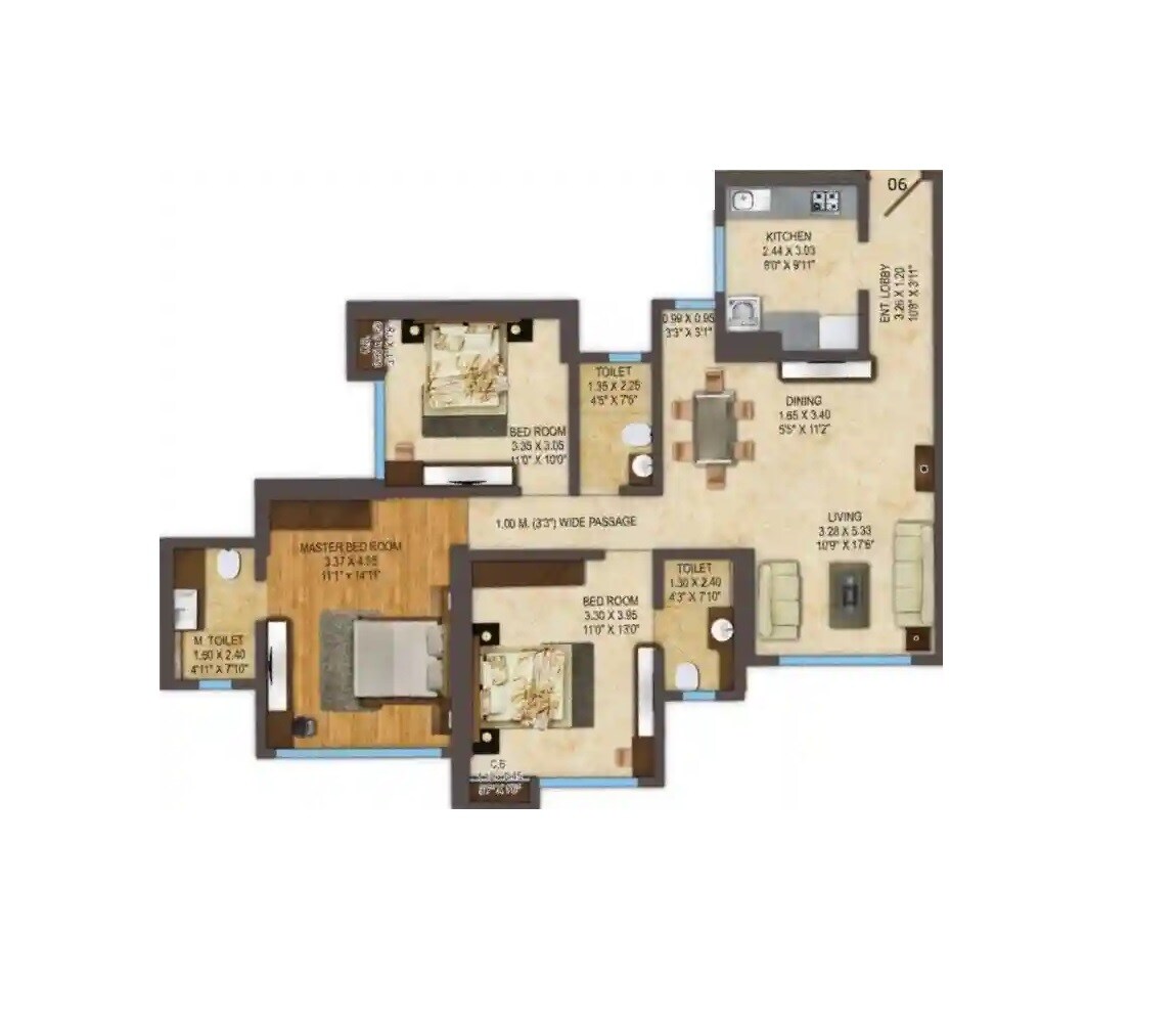 Floor plan of 3 BHK 1016 Sq. Ft. Apartment in Acme Oasis, Mumbai