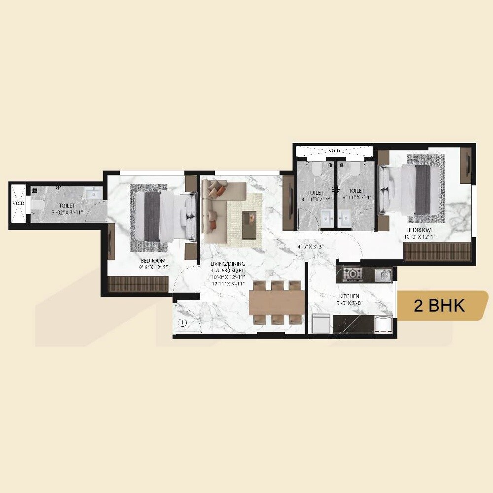 Floor plan of 2 BHK 630 Sq. Ft. Apartment in Acres Advaita, Mumbai