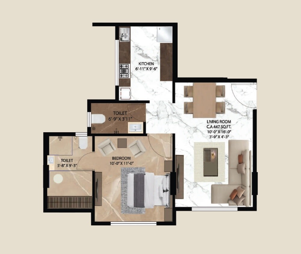 Floor plan of 1 BHK 447 Sq. Ft. Apartment in Acres Avyan, Mumbai