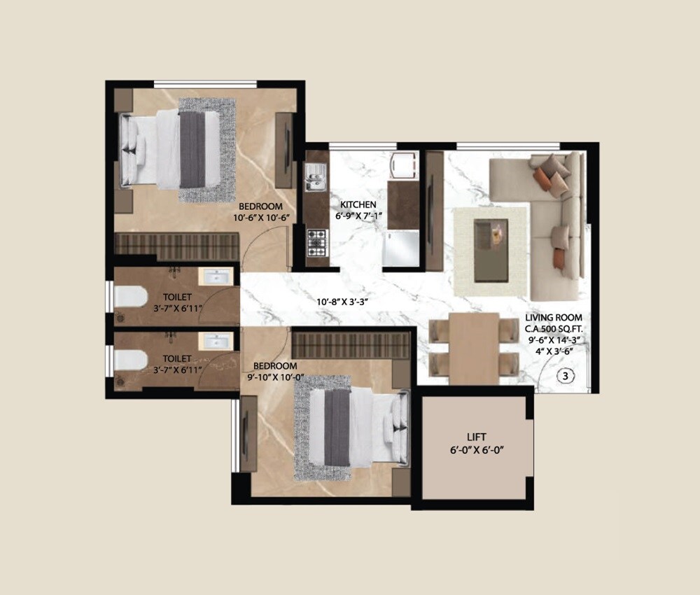 Floor plan of 2 BHK 464 Sq. Ft. Apartment in Acres Avyan, Mumbai