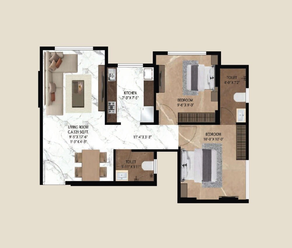 Floor plan of 2 BHK 521 Sq. Ft. Apartment in Acres Avyan, Mumbai