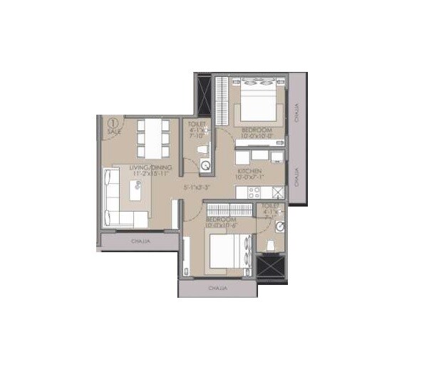 Floor plan of 2 BHK 560 Sq. Ft. Apartment in Acres Espacer, Mumbai