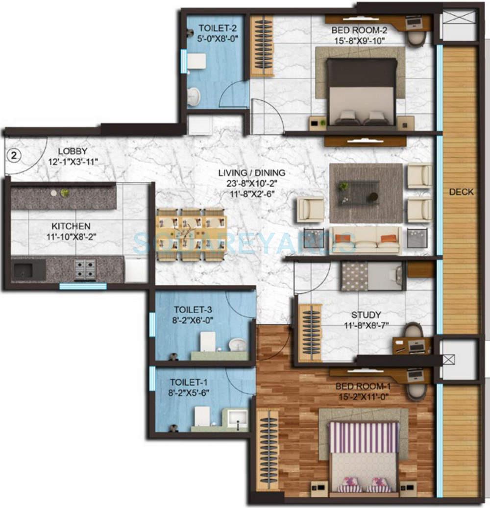 Floor plan of 2 BHK 1166 Sq. Ft. Apartment in Adani Group Western Heights, Mumbai