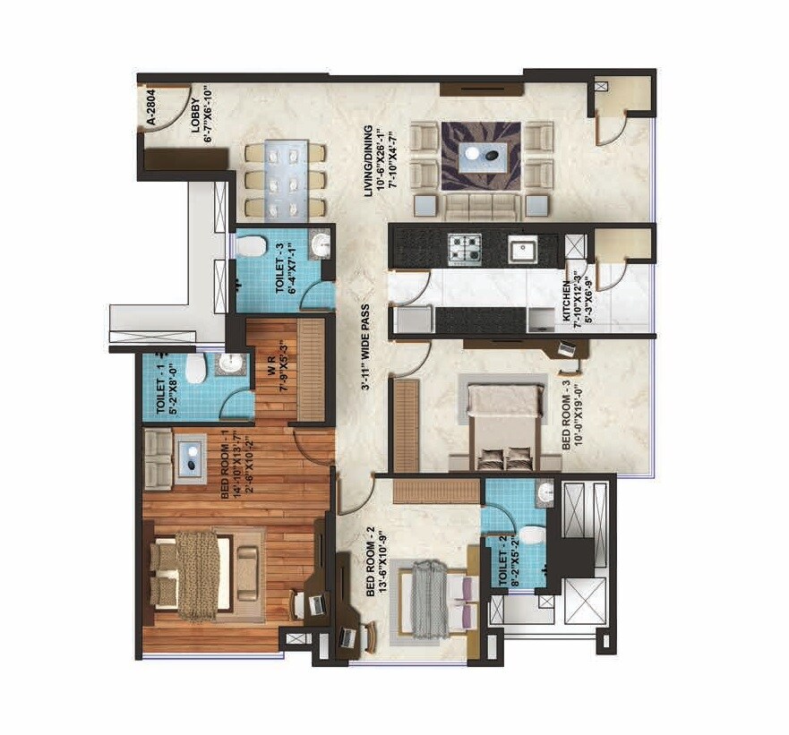 Floor plan of 3 BHK 1081 Sq. Ft. Apartment in Adani Group Western Heights, Mumbai