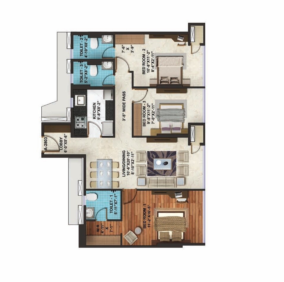 Floor plan of 3 BHK 1105 Sq. Ft. Apartment in Adani Group Western Heights, Mumbai