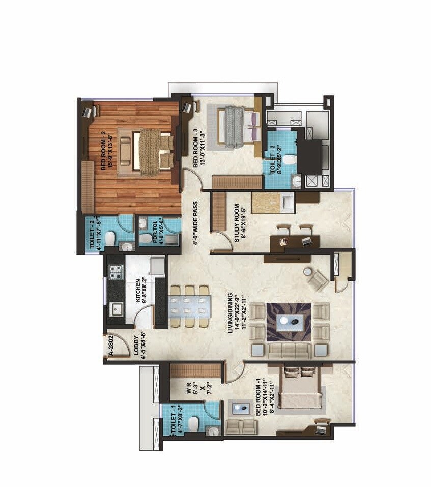 Floor plan of 3 BHK 1213 Sq. Ft. Apartment in Adani Group Western Heights, Mumbai