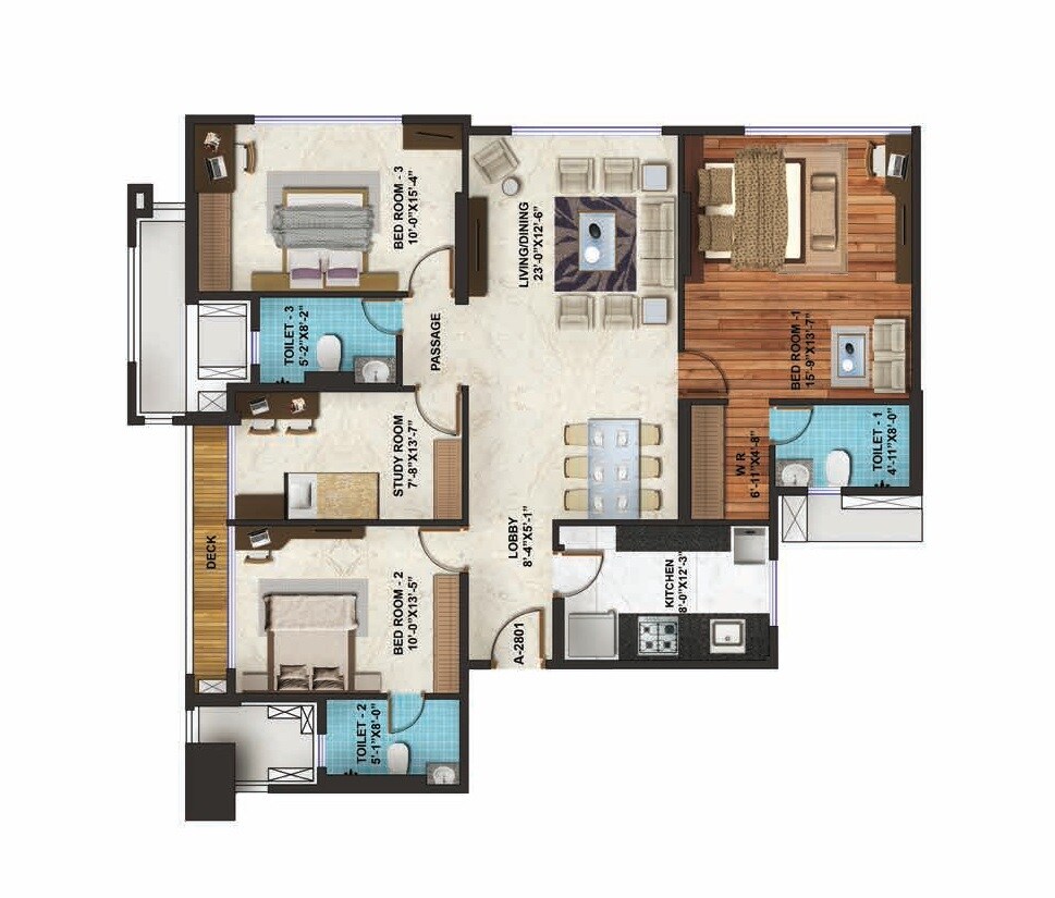 Floor plan of 3 BHK 1275 Sq. Ft. Apartment in Adani Group Western Heights, Mumbai