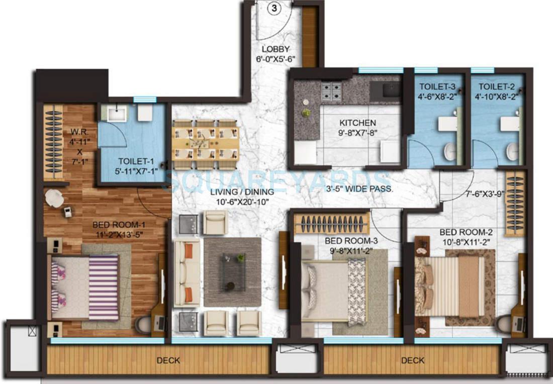 Floor plan of 3 BHK 1000 Sq. Ft. Apartment in Adani Group Western Heights, Mumbai